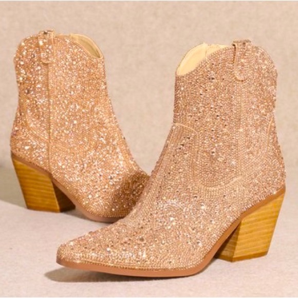 MIIM ANGEL Champagne Rhinestone Embellished Ankle Western Heeled Cowboy Booties - Picture 1 of 7